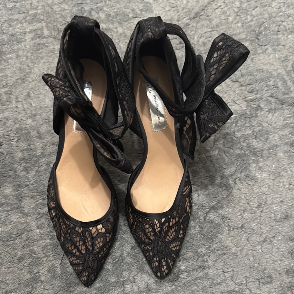 INC International Concepts Black Lace Heels with Bow Detail